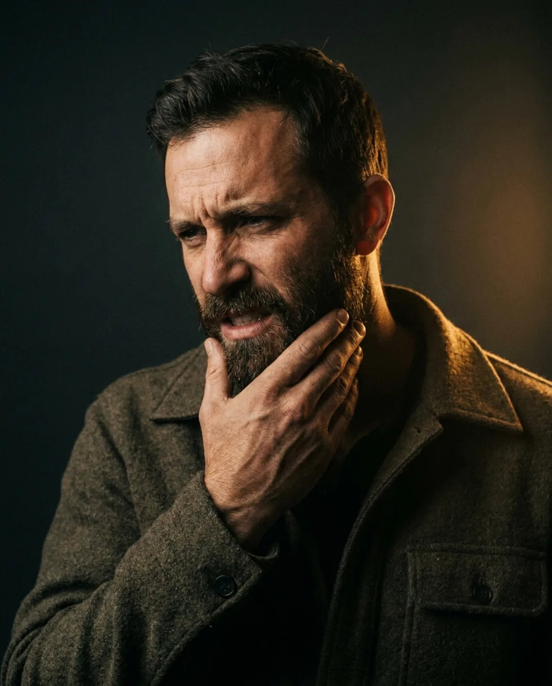 A weathered bearded man scratching his dry, itchy beard in low warm light