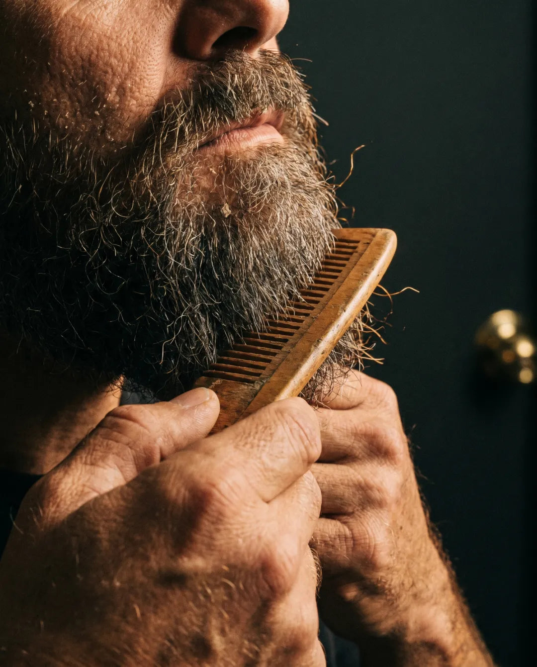 Honey-toned beechwood comb running through a conditioned beard