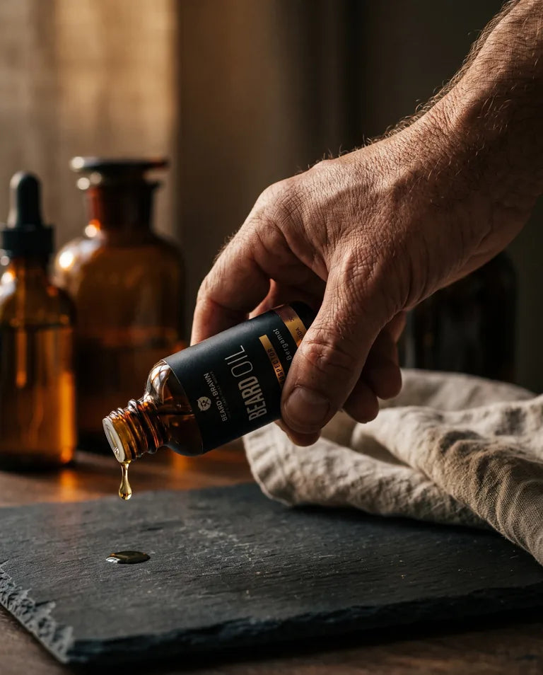 Amber dropper releasing a bead of beard oil