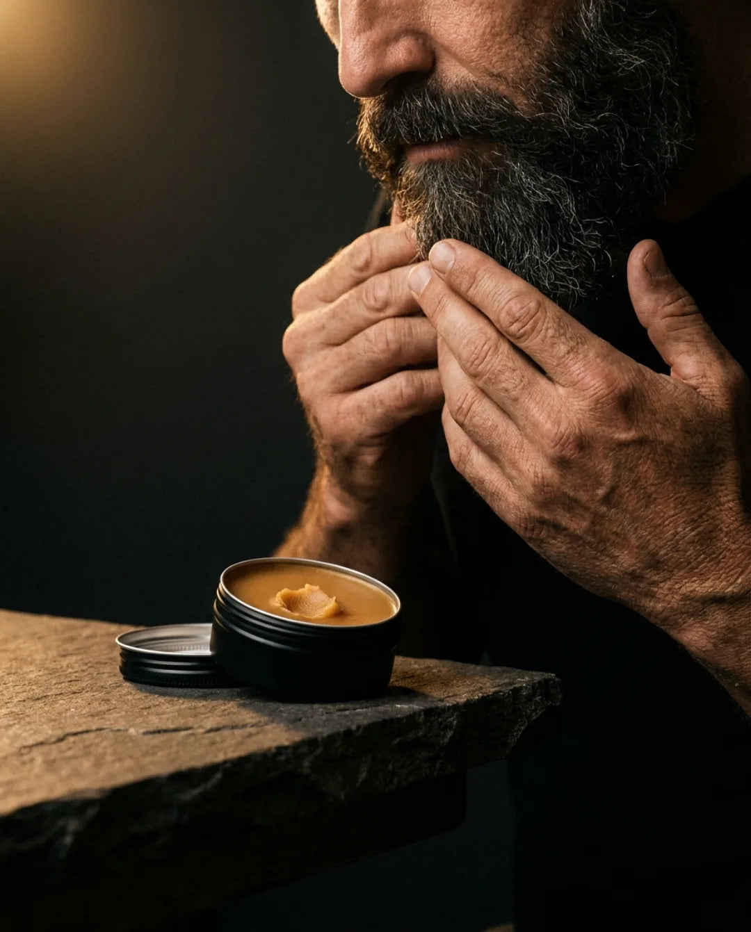 Beard balm being worked in from an open matte-black tin